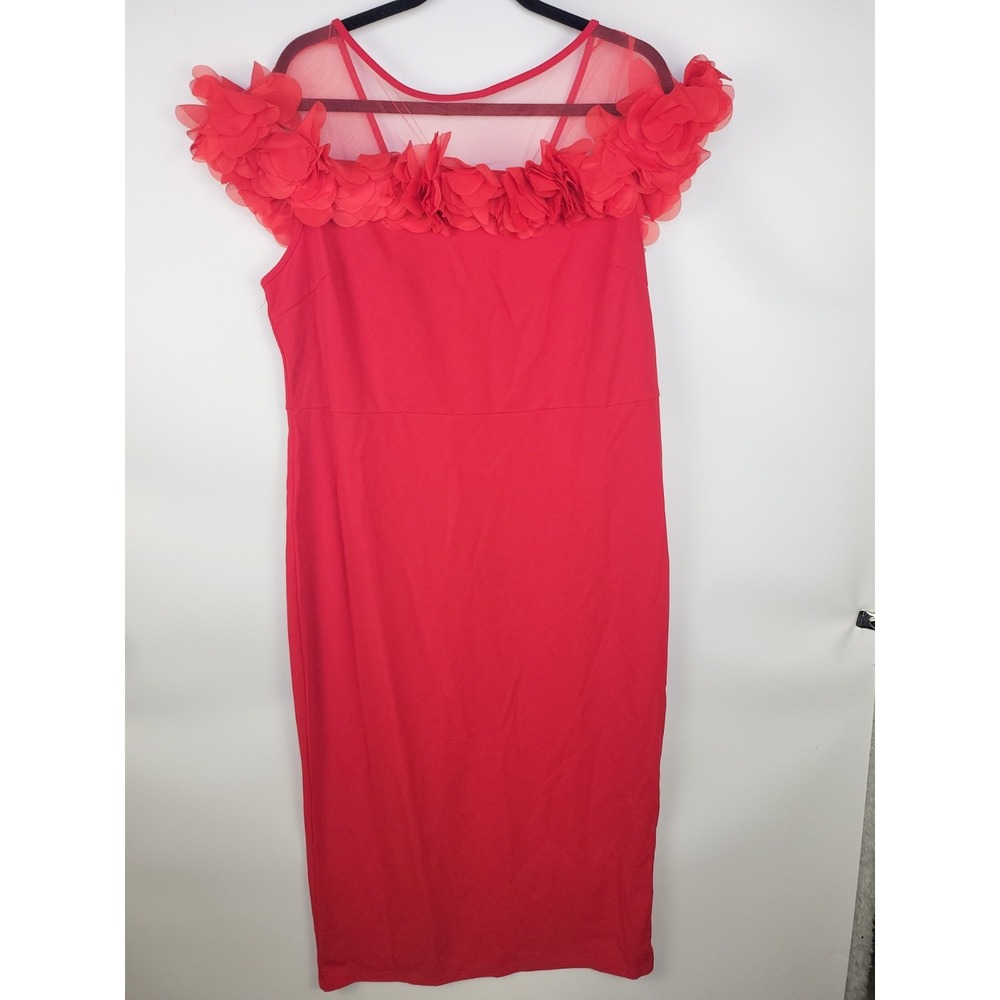 SHEIN Curve 2XL Red Floral Applique Off Shoulder Bodycon Dress Women's Plus Mesh
